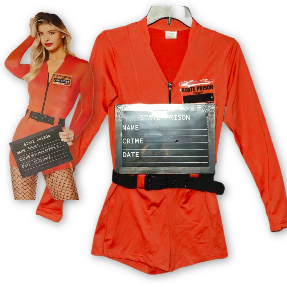 Spirit Halloween Prison Inmate Costume Womens Medium Orange Romper Outfit
